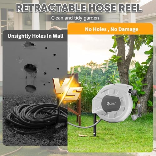 SILVEL Automatic Retractable Garden Hose Reel on Metal Spike, 1/2 in x 90FT Ground Mounted Outside, UV Resistant with 10 Pattern Nozzle, 360° Swivel, No Holes in Your House, Easy Installation - Image 3
