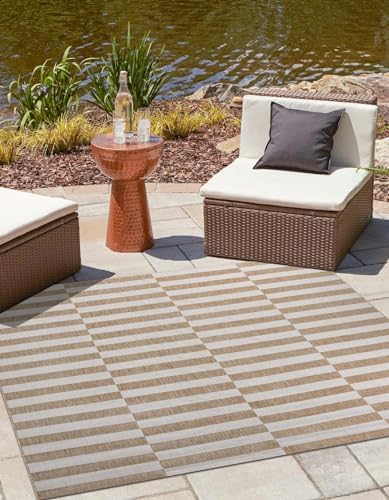 Unique Loom Outdoor Striped Collection Area Rug - Striped (6' 1" Square Taupe/Ivory) by UniqueLoom