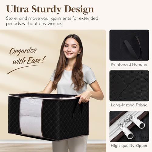 Lifewit Large Capacity Clothes Storage Bag Organizer with Reinforced Handle Thick Fabric for Comforters, Blankets, Bedding, Foldable with Sturdy Zipper, Clear Window, 3 Pack, 90L, Black - Image 4