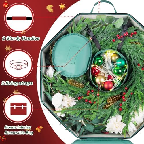 BrilliantJo Wreath Storage Christmas Garlands Bag with Interior Pockets Large Xmas Container Box for holiday Decorations Case with Dual Zipper and Handles Window Labeling Card Slot 24" Green - Image 3