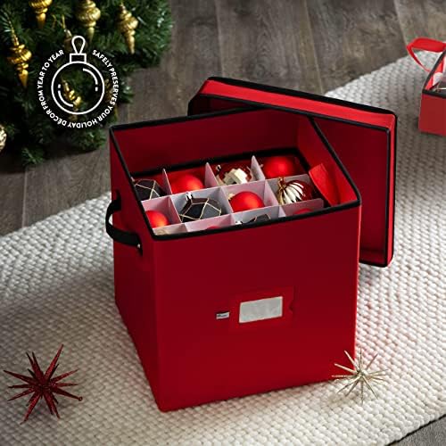 ZOBER Christmas Ornament Storage Box - Stores 64 Ornaments - Non-Woven, Tear- Proof Christmas Ornament Storage Containers - 3 Inch Cube Compartments - Red (Pack of 2) - Image 2