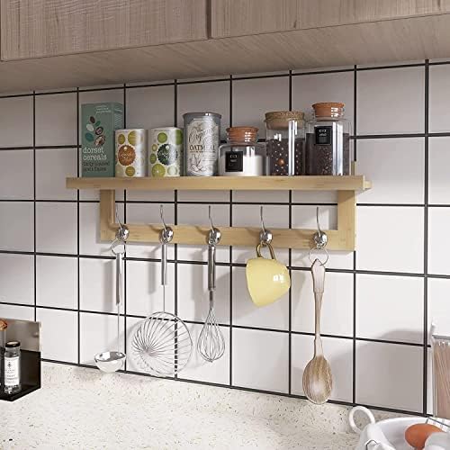 SMIBUY Coat Hooks with Shelf Wall-Mounted, 29.2 Inch Entryway Coat Rack for Wall, Bamboo Hanging Shelf with 5 Double Metal Hooks for Bathroom, Bedroom, Kitchen, Living Room, Mudroom (Natural) - Image 4