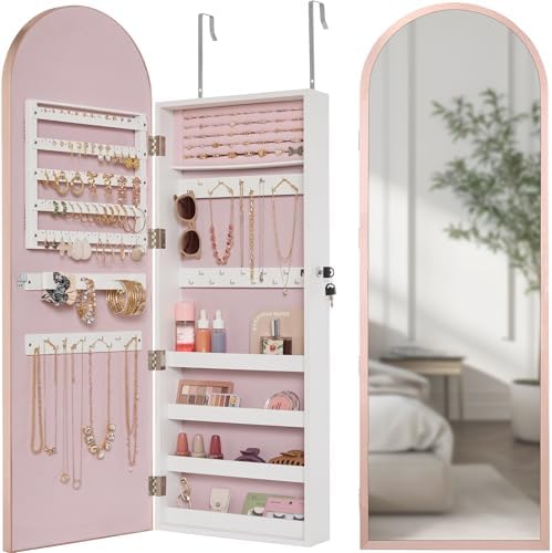Best Choice Products Arch Mirror Jewelry Cabinet, Jewelry Storage Organizer, Armoire, Lockable Wall or Door Mountable, Full-Length Mirror - Rose Gold by BestChoiceProducts