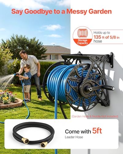 VEVOR Wall Mounted Garden Hose Reel, Holds 135 Feet of 5/8-inch Hose, Outdoor Heavy-Duty Waterhose Holder Winder, with Widened Top Tray, Aluminum Alloy Connector, Decorative Pattern, for Backyards - Image 2