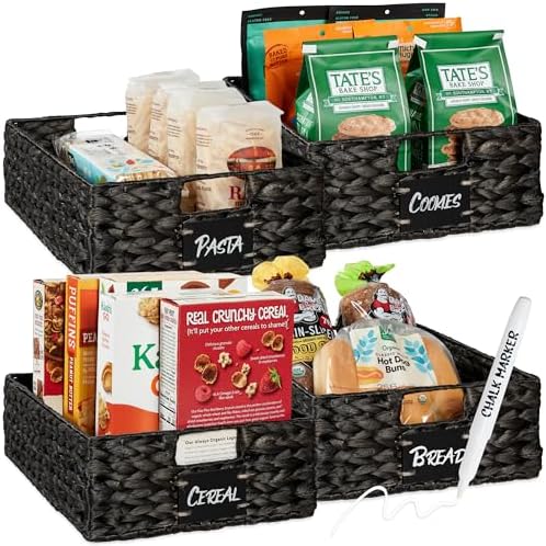 Best Choice Products Set of 4 16x12in Large Water Hyacinth Pantry Baskets, Woven Organizers w/Chalkboard Label, Chalk Marker - Black by BestChoiceProducts