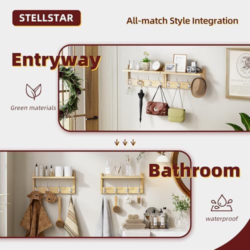 STELLSTAR Coat Rack with Shelf, 2 Pack Bamboo Wall-Mounted Coat Hanger with 8 Hooks for Entryway, Hallway, Kitchen, Bathroom, Living Room, Utility Room (Natural) - Image 6