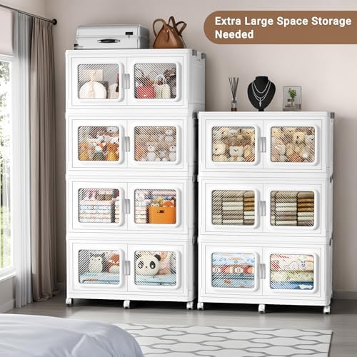 BROVIEW 385Gal Storage Bins, 1540Qt Extra Large Stackable Storage Box with Lids & Wheels - Heavy Duty Collapsible Plastic Cabinets, Open Front Door for Sundries in Home & Office, White 7 Pack - Image 4