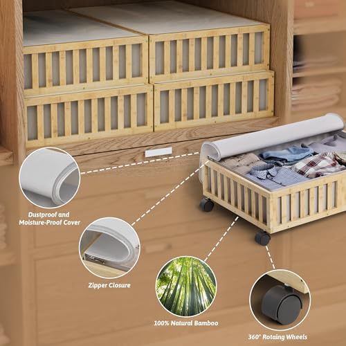 MHXW SXPN 2 Pack Bamboo Under Bed Storage Containers with Wheels, Nature - Image 3