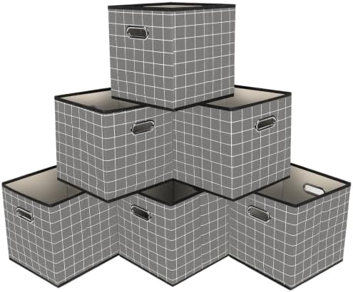 Fabric Cubby Storage Bins,13x13x13 Inches,Cube Organizer Bin Foldable Storage Boxes with Dual Handles Fabric Organizer Box and collapsible Storage basket,Set of 6,Grey grid by Yunkeeper