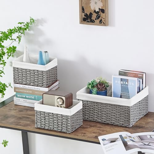 Vagusicc Wicker Basket, Set of 3 Hand-woven Storage Baskets for Organizing, Decorative Rectangle Wicker Storage Basket Bins with Handles, Small Toilet Paper Storage Baskets for Shelves & Decor, Grey - Image 7