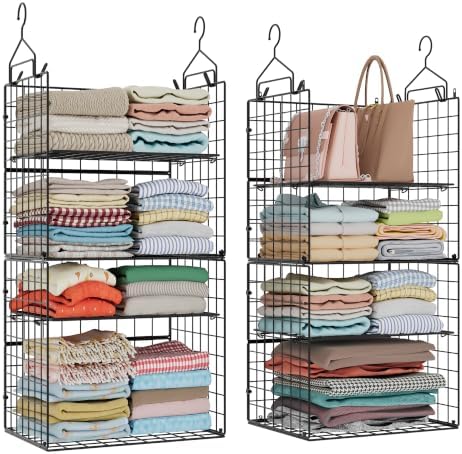 8 Tier Widened Hanging Closet Organizer and Storage Shelves, Metal & Foldable Hanging Clothing Organizer Baskets with Adjustable Dividers for Sweaters Shoes Handbags,Black (L11.81"xW16.14"xH15.35") by X-cosrack