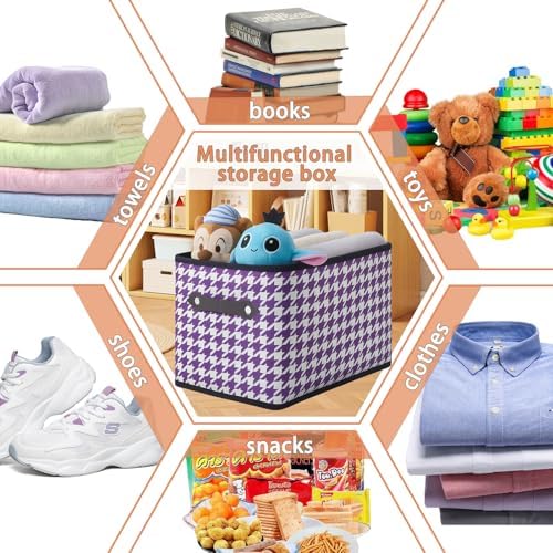 6 Pack Large Collapsible Storage Baskets for Shelves,14.9"x9.5" Fabric Closet storage Boxes with Leather Handles,Decorative Organizers Storage Bins for Clothes,Sheets,Books,(Purple Houndstooth - Image 3