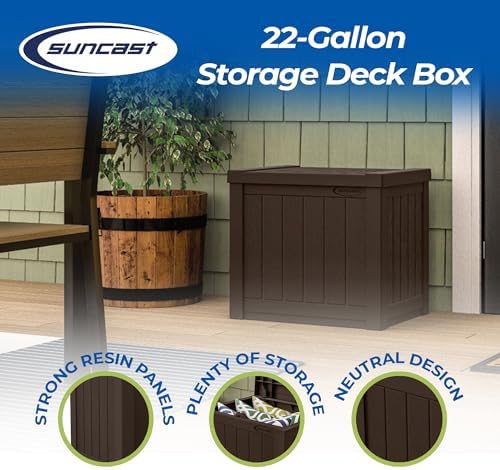 Suncast 22 Gal, Small Outdoor Storage Deck Box, Resin, Flat Lid, Java - Image 2