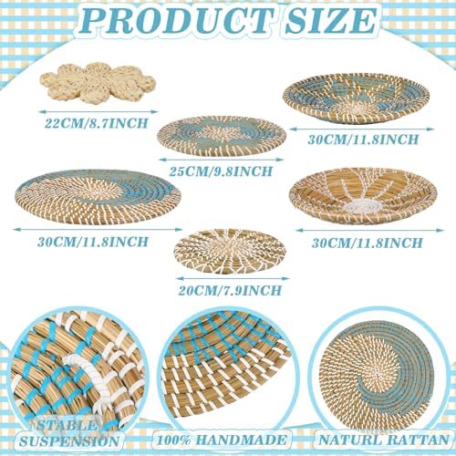 Xuhal 8 Pcs Boho Wall Basket Decor Decorative Bulrush Woven Basket Wall Decor Rustic Farmhouse Hanging Baskets for Kitchen Rustic Home Summer Decorations - Image 3