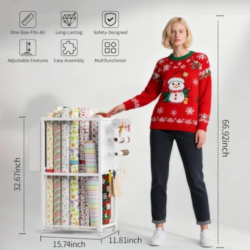 Wrapping Paper Organizer with Wheels, Metal Gift Wrap Storage Cart, Vertical Craft Organizer with 16 Slap Bands for Wrapping Paper Rolls, Wrapping Supplies Storage - Image 3