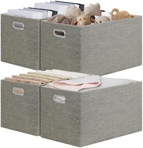 Posprica Closet Storage Bins, 4 Pack Large Closet Shelf Organizers, Linen Fabric Decorative Storage Baskets for Organizing, Foldable Storage Box for Clothes, 16.5x12x10.25 Inch-Coffee by Posprica