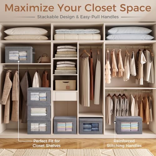 4-Pack Large Storage Bins with Lids & Clear Window, Foldable Fabric Closet Organizer Boxes, Stackable Cube Baskets with Soft Handles for Clothes & Blankets, 17”, Grey - Image 5