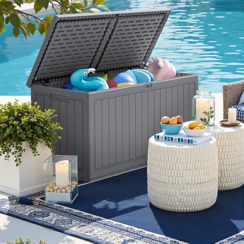 Greesum 260 Gallon HDPE Outdoor Storage Box - Waterproof, Large Capacity Deck Box with Removable Dividers for Patio, Yard, Garden Tools, Light Grey - Image 3
