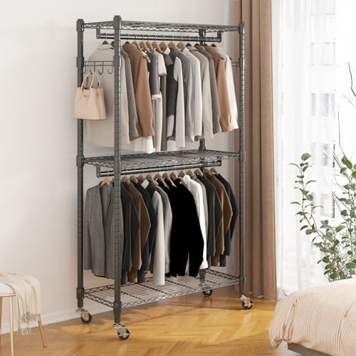 BATHWA Rolling Tall Garment Rack with 2 Rods & 3-Tier Adjustable Shelves, 35.5" W x 16.5" D x 80.7" H, Heavy Duty Clothes Hanging Racks Portable Wardrobe Closet Organizer for Bedroom, Laundry, Black - Image 2