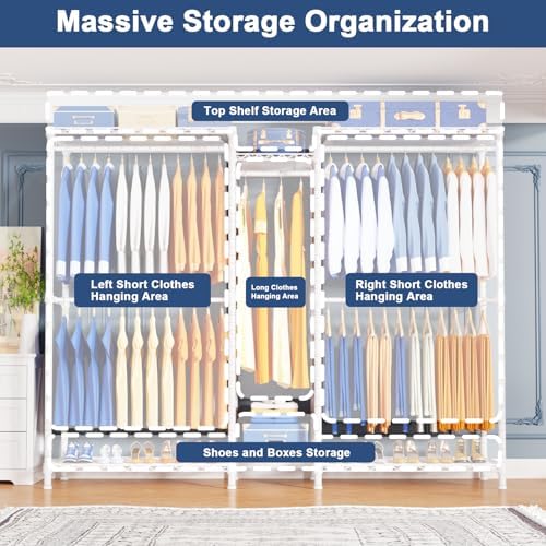 Ulif E12C Pro Heavy Duty Closet Organizer System，Freestanding Clothing Racks for Hanging Clothes，Adjustable Garment Rack 71"W x 16"D x 76.5"H Hold 960lbs，White Clothing Rack with Black Dustproof Cover - Image 3