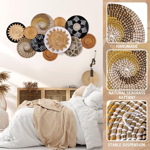 11 Pcs Boho Hanging Wall Basket Decor Handmade Woven Basket Wall Decorative Boho Wicker Baskets Placemats Round Farmhouse Bulrush Art for Rustic Home Decorations Christmas Gift(Stylish) - Image 3