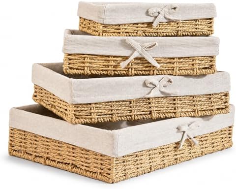 Baskets for Shelves Set of 4, Woven Paper Rope Storage, Khaki by Rattanzenith