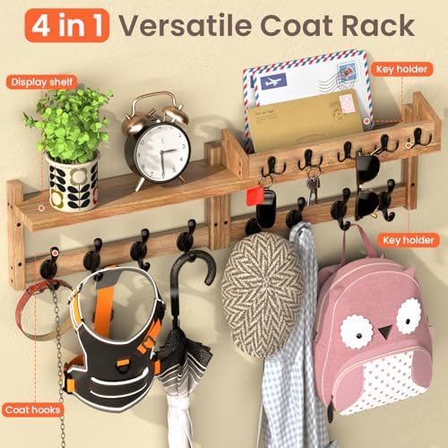 35'' Brown Coat Rack Wall Mount with Shelf, Solid Wood Coat and Key Hanger with 13 Metal Hooks, Farmhouse Wall Organizer for Mail, Entryway Wall Hangers for Hats, Clothes, Backpacks, Mudroom - Image 5