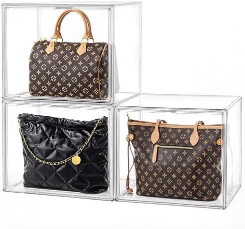 HBlife Purse Storage Organizer for Closet, Clear Stackable Handbag Display Case Box with Magnetic Door for Collectibles, Cosmetics, Women Heels and Toys, X-Large, 3 Pack by HBlife