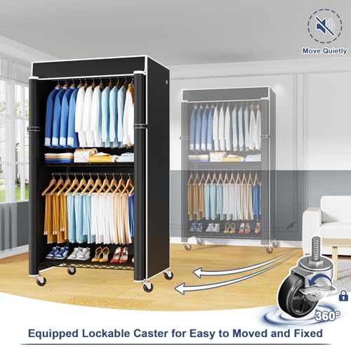 ULIFHOME P8C Heavy Duty Clothes Rack（With Extended Width Design） Rolling Clothing Racks for Hanging Clothes with Lockable Wheels，31.5" W x 15.8" D x 80.5" H，Max Load 600LBS，Black Rack with Black Cover - Image 5