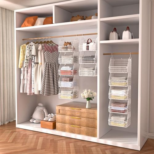 PUPPYCUTE Hanging Closet Organizer and Storage, Clothes Hanging Shelves Wire Baskets for Clothing Sweaters Purse Handbags Shoes White 5 Tier - Image 2