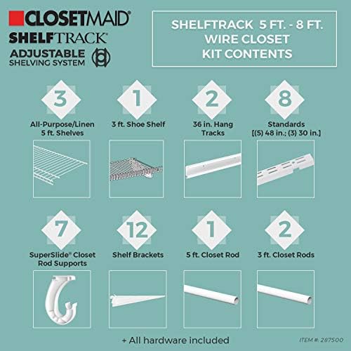ClosetMaid ShelfTrack Wire Closet Organizer System, Adjustable from 5 to 8 Ft., with Shelves, Clothes Rods, Shoe Shelf, Hardware, Durable Steel, White - Image 3