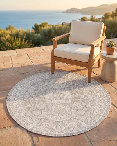 Rugs.com - Outdoor Aztec Rug – 4 Ft Round Light Gray Indoor/Outdoor Rug – Weather Resistant for Patios, Decks, and Porches - Image 5