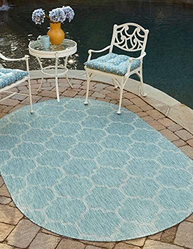 Unique Loom Outdoor Trellis Collection Area Rug (5' 1" x 8' Oval, Aquamarine/ Gray) by UniqueLoom