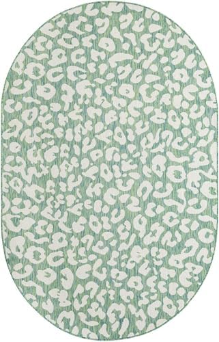 Unique Loom Outdoor Safari Collection Area Rug - Leopard (5' 3" x 8' Oval Green Blue/Ivory) - Image 3