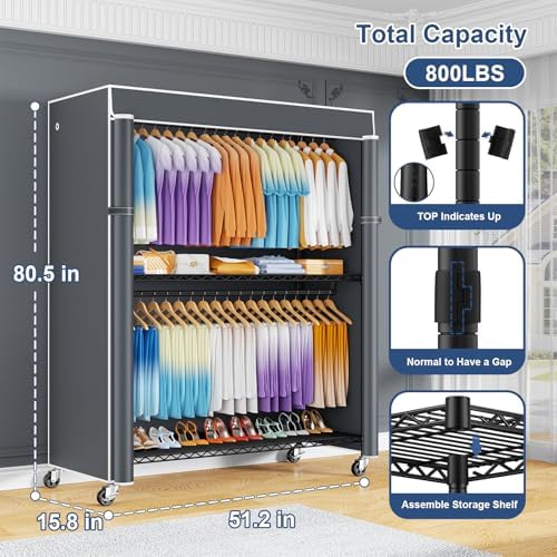 ULIFHOME P8C Max Heavy Duty Clothes Rack（With Extended Width Design） Rolling Clothing Racks for Hanging Clothes with Lockable Wheels，51.2" W x 15.8" D x 80.5" H，Load 800LBS，Black Rack with Grey Cover - Image 2
