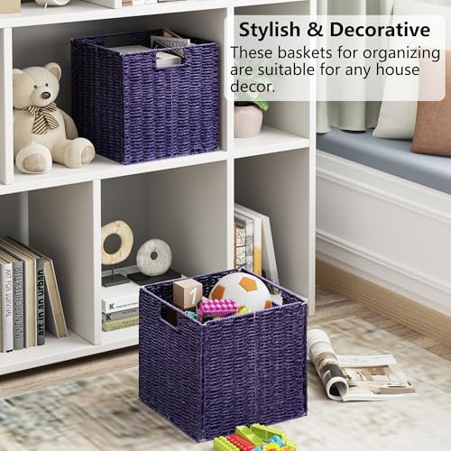 Vagusicc Wicker Storage Basket, Set of 2 Hand-Woven Paper Rope Wicker Basket, Foldable Cube Storage Bins, Square Large Storage Baskets for Organizing Shelves, Decor, Orange (13″×13″×13″) - Image 5