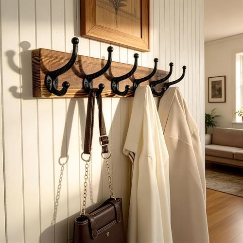 WEBI Rustic Coat Rack Wall Mount,24" Long 6 Cast Iron Coat Hooks Wall Mounted,Heavy Duty Wood Wall Coat Hanger Hooks for Hanging Coats,Jacket,Clothes,Backpack,Farmhouse,Brown,2 Packs - Image 3