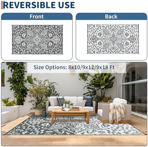 GAOMON 8x10 Grey Outdoor Rug Waterproof Boho Vintage Reversible Plastic Straw Rug Mat UV-Resistant Foldable Retro Medallion Camping Indoor Outdoor Carpet for Patio RV Deck Balcony Picnic, Grey White - Image 4
