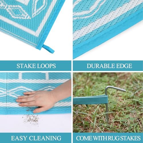 GlowSol Reversible Outdoor Rug 9x12 ft Clearance, Waterproof Outdoor Plastic Straw Rug with Carry Bag, Modern Geometric Patio Rug,RV Mat for Porch,Deck,Backyard,Camping,Balcony,Deck,Backyard,Blue - Image 3