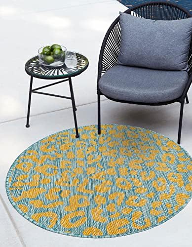 Unique Loom Outdoor Safari Collection Area Rug - Leopard (4' 1" Round, Blue Yellow/ Blue) by UniqueLoom