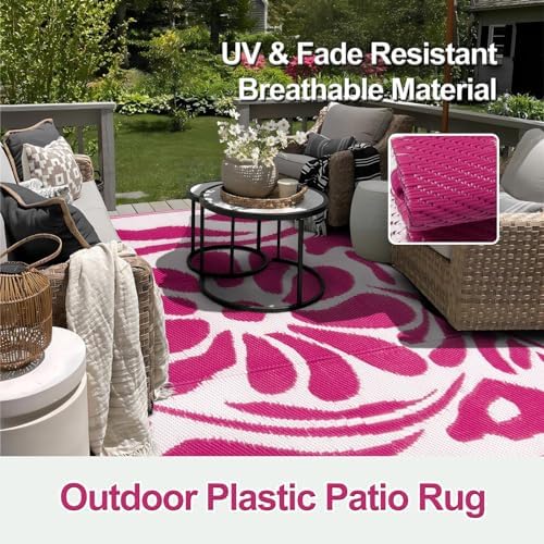 Wonnitar Outdoor Rugs 8x10,Plastic Outdoor Waterproof Patio Rugs Clearance,Reversible Large Outside RV Camping Mat,Portable Abstract Plant Lightweight Carpet for Backyard Deck Park (Pink, 8'x10') - Image 3