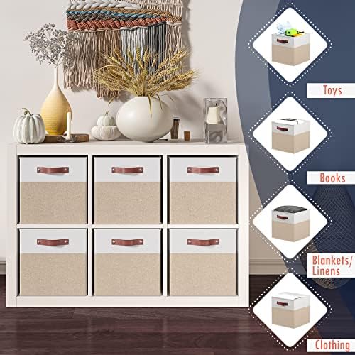 Ornavo Home 13x15x13 Foldable Fabric Storage Cube Bins, 6 Pack, White/Khaki - Image 6