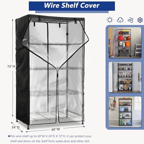 Wire Shelf Cover,600D Heavy Duty 100% Waterproof Shelf Covers for Wire Shelving,Outdoor Storage Shelves Cover for Metal Rack,60" W x 24" D x 72" H,Black with Clear Front - Image 3