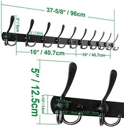 WEBI Coat Rack Wall Mount,37 5/8" Long Coat Hanger Wall,Coat Hooks Wall Mounted,Triple Hook Rack,10 Hooks for Hanging Coats,Clothes,Jacket,Hats,Black,2 Packs - Image 2