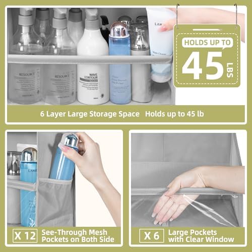 Over Door Organizer with 6 Extra Large Pockets 12 Side Pockets, Sturdy Closet Storage Rack, Hanging Storage Organizer with Clear Window for Shoes, Diapers, Bedroom, Bathroom, Grey, 3-Pack - Image 7