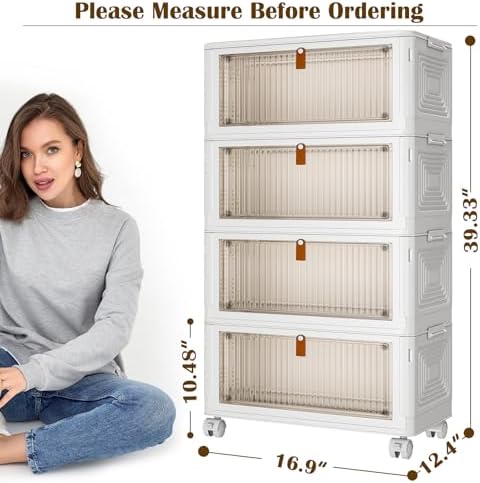 4 Tier Plastic Storage Bins with Lids 35QT, Stackable Storage Containers with Wheels, Folding Storage Boxes, Collapsible Storage Bins, Closet Organizers and Storage for Living Room,Office,Dorm - Image 4