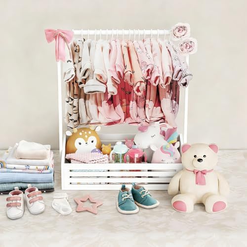 BAMBOOHOMIE Baby Clothing Rack for Toddler, Pets Clothes Rack with Storage Box & Adjustable Hanging Rod for Dogs/Cats, Baby Shower Clothes Closet Rack with Handle for Nursery Room (White, Baby) - Image 7