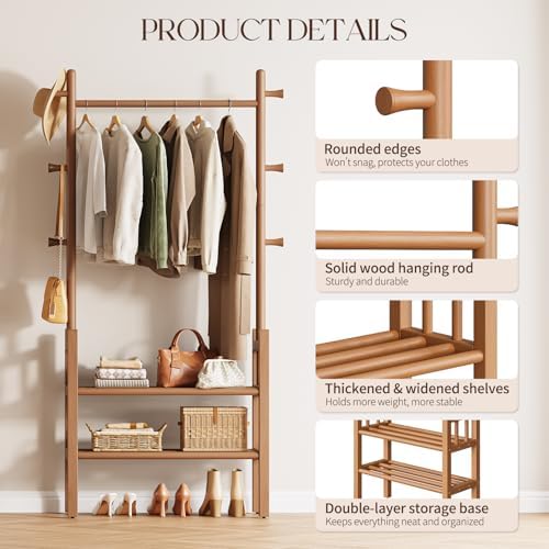Yoobure Solid Wood Clothing Rack with Shelves - Coat Rack Freestanding with 6 Hooks, 3-in-1 Hall Tree for Hanging Clothes, Tall Garment Racks with Storage for Bedroom, Entryway, Living Room, Closet - Image 3