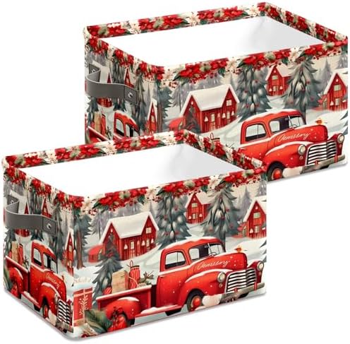 Christmas Baskets Storage Bins with Handles, Christmas Red Truck Foldable Fabric Baskets Canvas Cloth Organizer Storage Boxes 2 2piece - Image 4