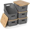Plastic Storage Bins with Bamboo Lids, Stackable Small Box Baskets for Organizing and Containers for Shelves Drawers Desktop Closet Pantry Classroom Office Home, 6 Pack 10.2x7.2x4.1 Inch, Gray by ZFTMRR